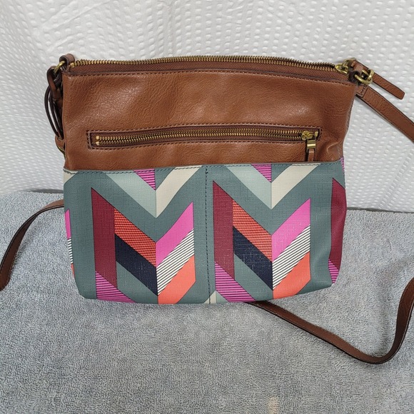 Fossil Handbags - Fossil Brown Leather Chevron Geometric Crossbody Bag ZB6729 Multi Color